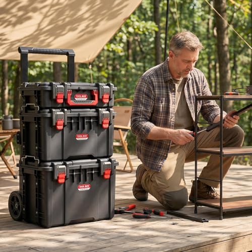 JEKO&JEKO 3-Piece Rolling Modular Tool Box System with Large Rolling Tool Box & Small Parts Organizer for Garage Storage, DIY Projects, Professional Use & Home Repairs