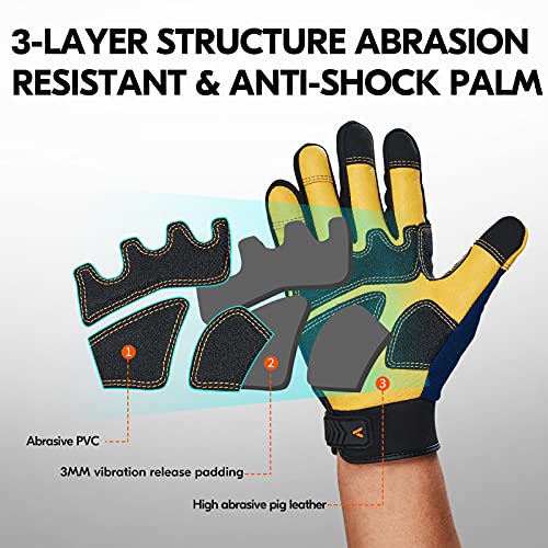 Vgo... 1-Pair Safety Work Gloves for Men,Anti-Vibration,Abrasion Resistant,Leather Work Gloves (XL,Blue, PA7726) - size: X-Large (Pack of 1), style: Blue&yellow-pig Leather