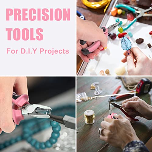 COMOWARE 6-Piece Mini Pliers Set, Needle Nose, Long Nose, Bent Nose, Diagonal, End Cutting and Linesman, for Crafts Work, Electronic Repair, with Pink Pouch - color: Pink