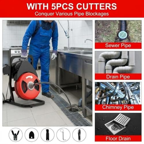 50ft x 1/2" Auto-Feed Drain Snake Cleaning Machine - 450W Electric Sewer Auger with 4 Cutters & Wheels for Sink, Toilet, Floor Drain