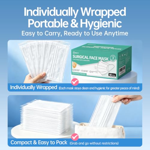 Disposable Face Masks 50Pcs, 3-Ply White Protection Masks, Breathable Mask For Adults Daily Use - color: White