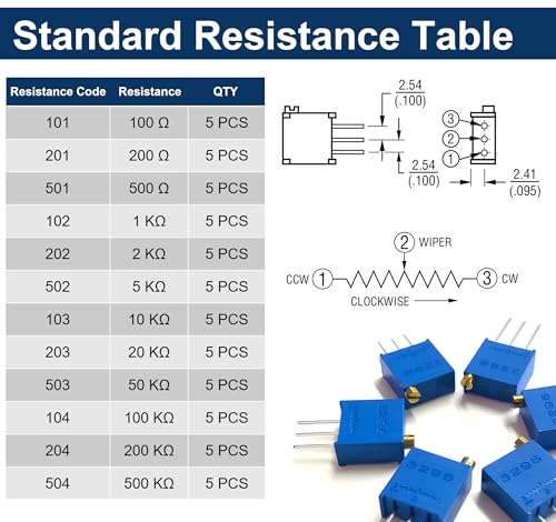 60PCS 3296W Multiturn Trimmer Potentiometer Kit, 12 Values 100Ω-500KΩ