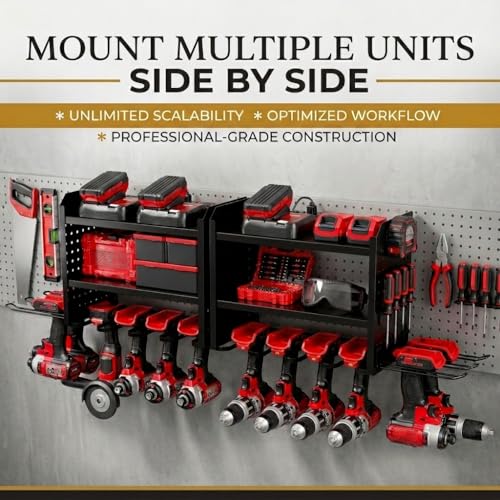 BUILTSTRONG Power Tool Organizer Wall Mount – 3-Tier Heavy-Duty Steel Rack, 6 Drill Slots, Dual Pegboard Sides, Side-by-Side Modular, 100 lb Capacity – Garage & Workshop (Black) - color: Black, size: 6 Drill Holder