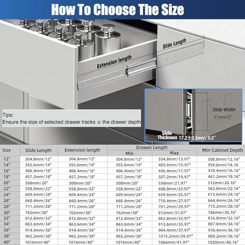 Thickened 200Lbs Heavy Duty Drawer Slides 1 Pair 22 Full Extension Ball Bearing Sliding Rails Kitchen Cabinet RV Runners Shelf Tool Box Tracks Glides (1/2" Thick, 22" L) - size: 22inch, style: W:51mm