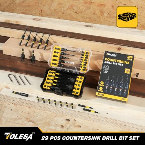 TOLESA Countersink Drill Bit Set, 29 PCS Counter Sink Drill Bit for Wood with 2PC Wood Plug Cutters, Magnetic Extension Bit Holder, Screwdriver Bits, Storage Case