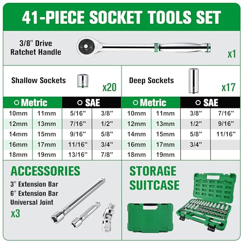 SK 3/8" Drive Socket Set with 216-P Ratchet, 41-Piece, SAE & Metric Sockets - size: 3/8" Drive