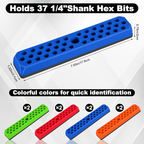 8 Pcs Magnetic Drill Bit Holder Hex Bit Organizer for 1/4 Inch Screwdriver Bits Storage, 37 Holes Bits Tool Organizer with Magnetic Base, Red, Blue, Orange and Green (Tools Not Included)