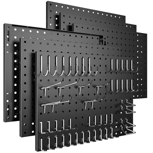 Spampur Peg Board, 6 Pack Metal Pegboard Panels with 50 Hooks - color: Black, size: 16x12"- 6 Pcs