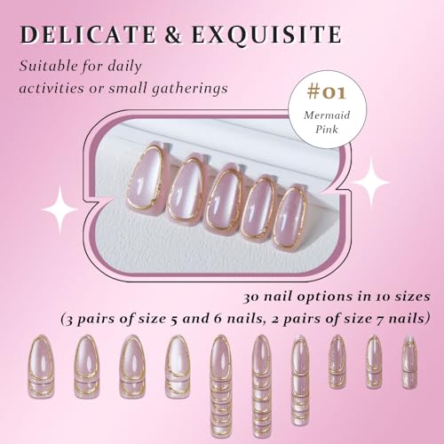 3D Gold Line French Tips Press On Nails Medium Almond, Gold French Tip Cat Eye Press-On Nails, Designer Reusable Acrylic Fake Nail With Glue On Nails, Nails Press Ons False Nails For Women - color: YC-323, size: 24 Pieces (Pack of 1)