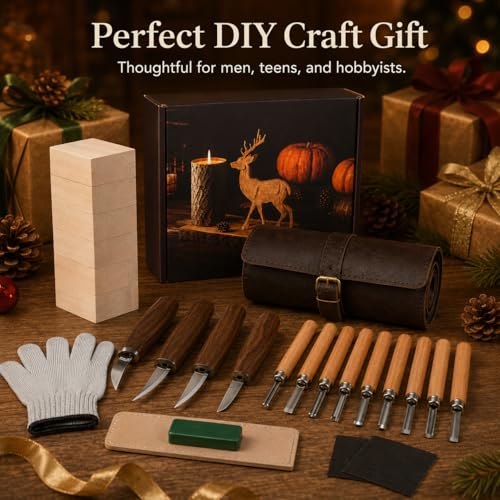 26Pcs Deluxe Wood Carving Kit, Whittling Knife Set with Leather Storage Case, Basswood Blocks & Safety Gloves, Woodworking Tools for Beginners Adults Kids, DIY Craft Gift for Men Teens