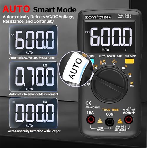 ZOYI Digital Multimeter, True RMS Auto-Ranging 6000 Counts with NCV. 750V AC, 1000V DC auto Identification, Data Hold, Resistance, Capacitance, Diode, Frequency and Temperature Measurement