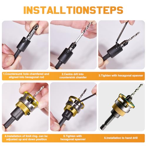 9 Pcs Countersink Drill Bit Set - 5 Pcs 2-Flute TCT Tapered Drill Bits with Adjustable Aluminum Alloy Depth Stop Collar, Bearing Stopper Anti-Scratch, 82° Counterbores, 1/4” Hex Shank for Woodworking - color: Yellow