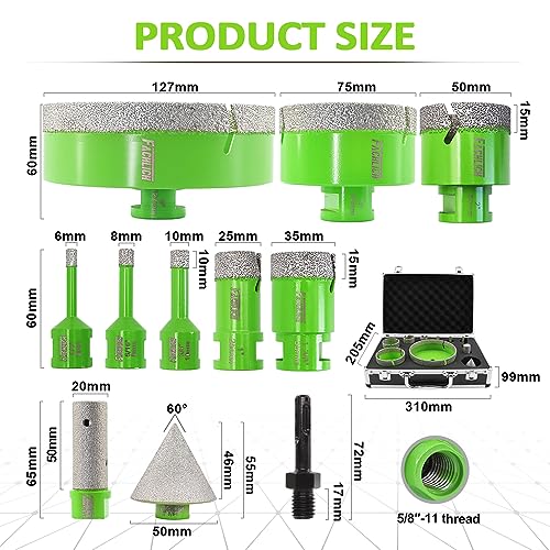 Diamond Tile Hole Saw Kit 6-127MM for Porcelain Ceramic Tile 11PCS - size: 6/8/10/25/35/50/75/127mm+20F+2"Chamfer Bit+SDS