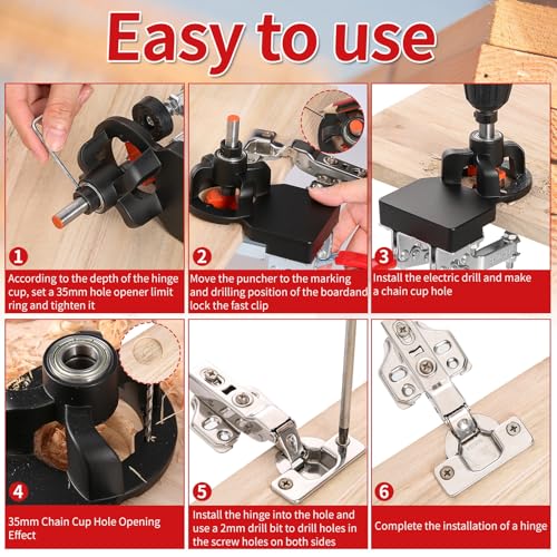 35mm Concealed Hinge Jig, Aluminum Alloy Cabinet Hinge Jig with 2 Quick Clamp, Adjustable Quick Punch Cabinet Hardware for Woodworking Cabinet Door Hinges Mounting Tool - color: Black