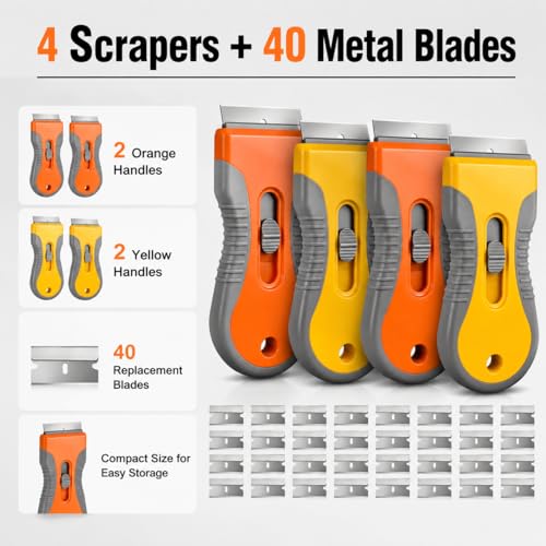 Rackii Razor Blade Scraper Tool, 4 Pack with 40 Metal Blades, Safety Lock - size: 4pack+40pcs