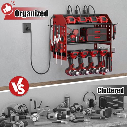 SUNALLY Power Tool Organizer Wall Mount with Charging Station,3 Layer, Red - style: 4 Drill Holders F