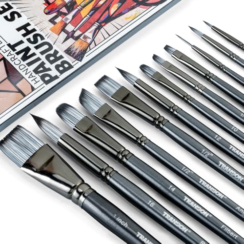 Transon Artist Paint Brush Set of 12 for Watercolor Acrylic Gouache Oil and Tempera Painting - size: Grey 12PCS