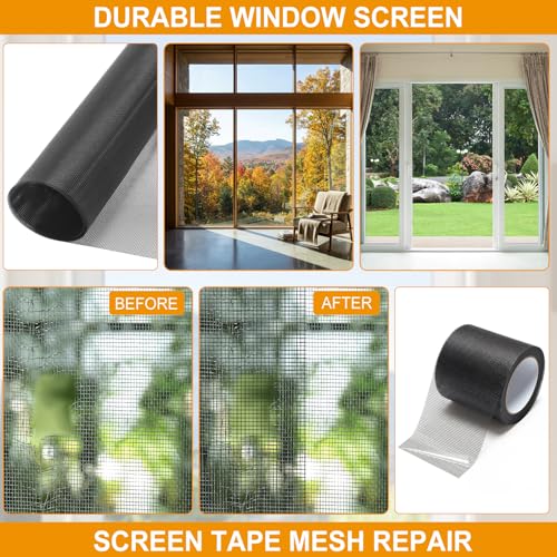 18 Pcs 48"x118" Window Screen Repair Kit Included 2 Rolls Fiberglass Mesh 4"x30ft Screen Repair Tape 8 Clips with Spline, Double Wheel Roller, Hook, Measuring Tape, and Cutter for Door Window - size: 48"x118"