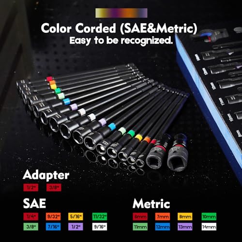 Facoow 6“ Impact Nut Drivers Set Magnetic, 18pcs Color Coded SAE & Metric Impact Nut Drivers, Extra Long Nut Drivers for Impact Drills, Impact Sockets Adapters (1/2" & 3/8") Impact Wrenches