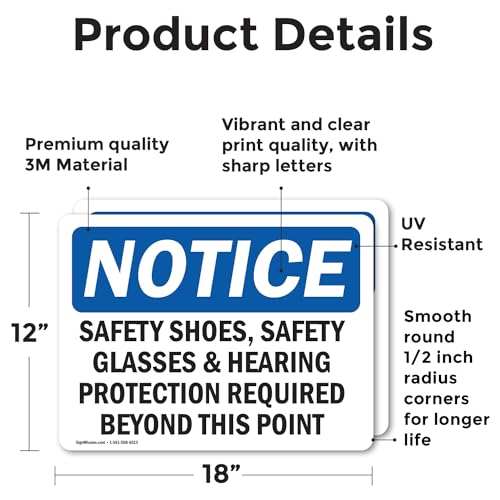 (2 Pack) Safety Shoes Safety Glasses & Hearing Protection OSHA Notice Sign 18 Inch X 12 Inch Vinyl Label Decal Sticker Weather Resistant, UV Protected for Workplace, Business, and Construction Site, Made in the USA - size: 18 Inch X 12 Inch, style: Vinyl