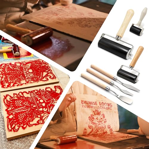 6 Pack Rubber Brayer Roller Kit, 3 Sizes Rubber Rollers with 3 Scrapers for Printmaking Wallpaper Ink Stamping Gluing Oil Painting Plastic Relief Crafting Art DIY - 1.4 in, 2.4 in, 4 in - size: 1.4", 2.4", 4"