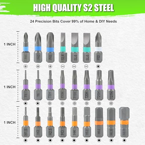 SUNHZMCKP 24 in 1 Magnetic Ratchet Screwdriver Set with Detachable T Handle | HRC60+ S2 steel bits, anti-slip precise tip; 58-tooth reversible ratchet T-handle, extendable rod slots work as nut wrench