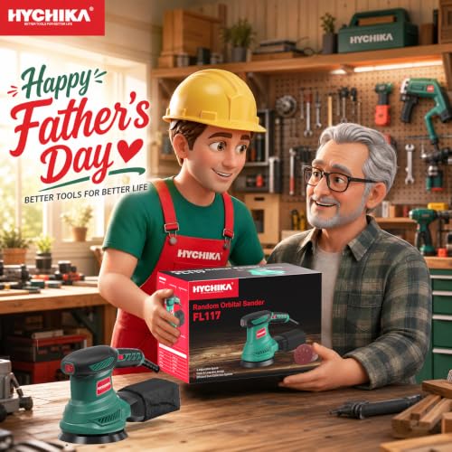 HYCHIKA 5-Inch Random Orbital Sander, 13000RPM Electric Palm Sander with 6 Variable Speeds, Powerful Motor, 12PCS Sandpapers and Efficient Dust Collection Bag, for Woodworking, Finishing and Polishing