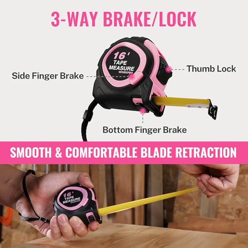 WORKPRO 16-FT Tape Measure with Fractions, 3 Brakes Retractable Measuring Tape, Compact Measurement Tape with Magnetic Hook, Nylon Coating Blade Accuracy 1/32”, Pink - size: 16-FT