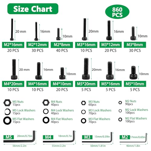 860Pcs M2-M5 Metric Screws, 12.9 Alloy Steel Hex Bolts & Nuts Kit - size: M2 M3 M4 M5 860pcs 3