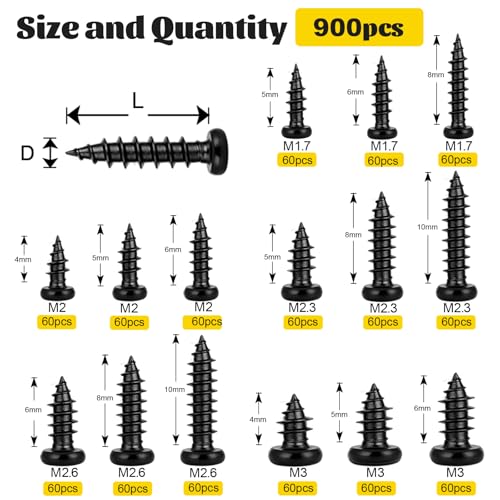 900Pcs Wood Screws Assortment Kit, M1.7M2M2.3M2.6M3 Tiny Micro Phillips Pan Head Self Tapping Screw, Sheet Metal Screws for DIY Electronic - size: 900pcs M1.7M2M2.3M2.6M3 Black