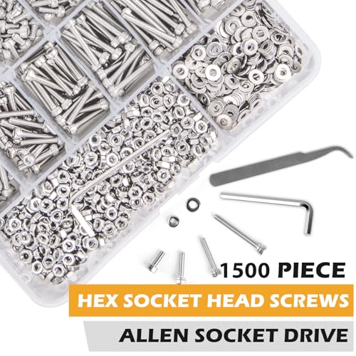 VIGRUE 1500PCS M3 x 4/5/6/8/10/12/14/16/18/20/25/30mm Screws Hex Socket Head Cap Bolts Nuts Kit, M3 Stainless Steel Screws Assortment Set with Allen Wrench and Tip Curved Tweezer