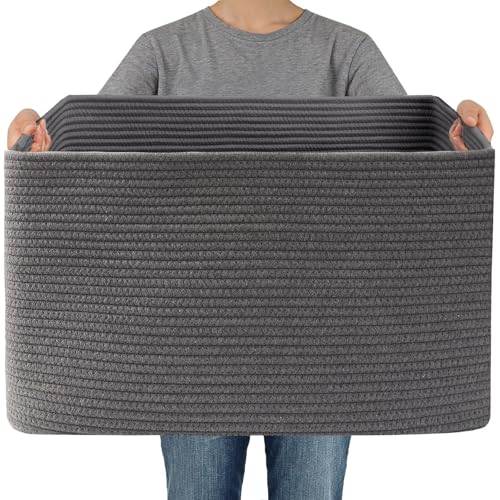 JMvicyroam 65L Large Woven Cotton Rope Blanket Basket, Grey - color: Grey, size: 65L