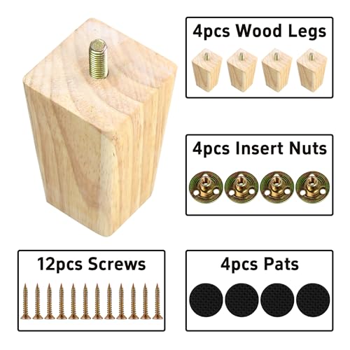 4PCS 3 Inch Solid Wood Furniture Legs, Square Wooden Sofa Couch Feet Leg Replacement for Desk Cabinet Bench Dresser Chair Bookcase Risers Parts, Log Stain - size: 3 Inch