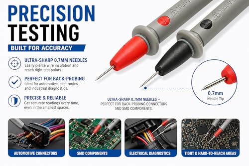Professional Multimeter Test Leads Kit – 1000V 10A CAT III/IV – Includes Replaceable Gold-Plated Sharp Needle Probes, Alligator Clips, and Banana Plug Extension Cables for Electrical Testing