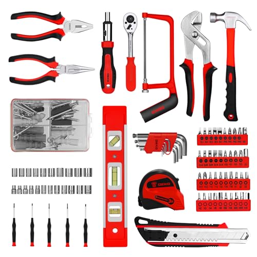 DEKOPRO Tool Set:228 Piece Home Tool Kit, Household Basic Repair Tool Set Comes with Plastic Storage Case, Socket Wrench Set for Car-Red - color: Red