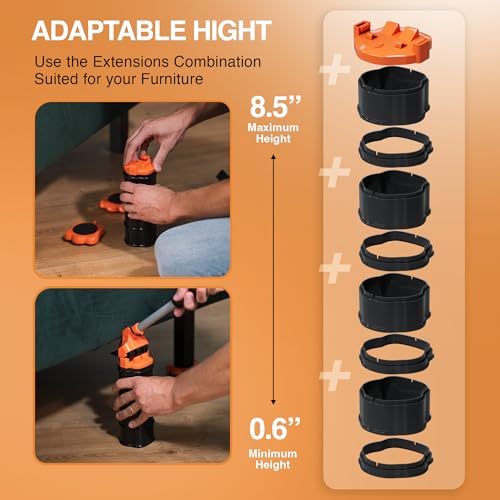 Heavy Duty Furniture Lifter & Moving Kit – Lift & Glide Couches, Beds, Appliances with Ease – 4 Roller Sliders (660 lbs Each), Adjustable Height Lifter, Carpet Adapters for All Floors