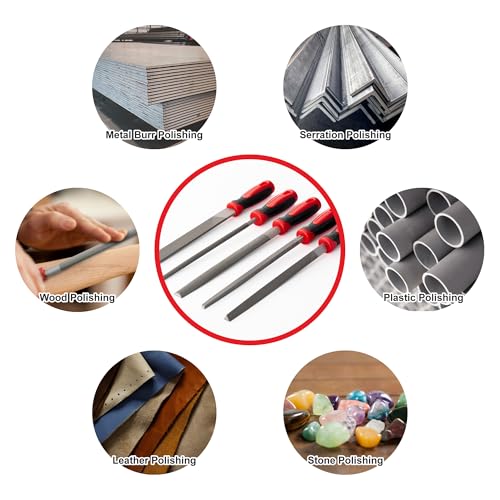MAXPOWER 10-inch Metal File Set, 5 Pieces Hand Files Including Flat, Round, Half-Round, Triangle and Square, Soft Grip Handle, File Set for Wood, Metal Work and DIY