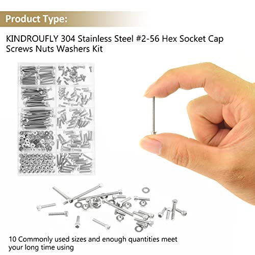 252 Pieces #2-56 x 3/16", 1/4", 5/16", 3/8", 1/2", 5/8", 3/4", 1", Hex Socket Head Cap Screws Nuts Washers Assortment Kit, 304 Stainless Steel, Fully Machine Thread - size: #2-56, style: Socket Head