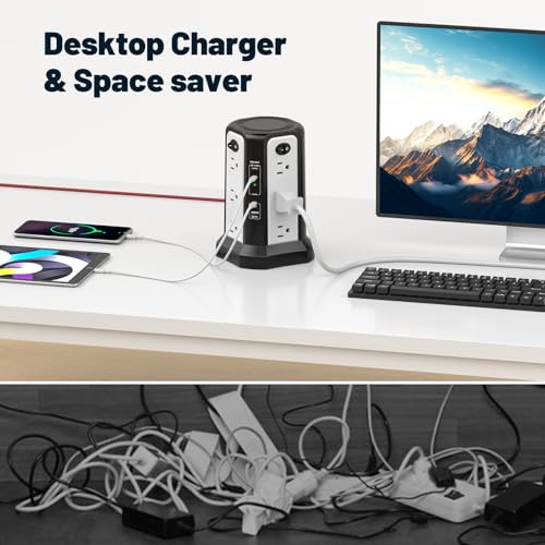 PASSUS PD65W USB C Fast Desktop Power Strip Surge Protector - color: Black White-4C1A