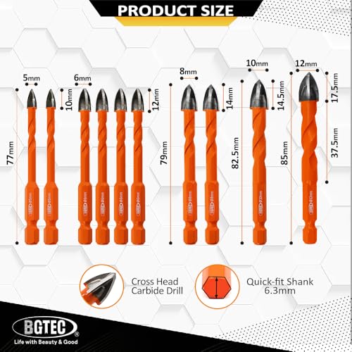 BGTEC Tile Drill Bit Set 10PCS 3/16"-1/2" Masonry Drill Bits for Concrete - size: 10pcs 5MM*2+6MM*4+8MM*2+10MM+12MM