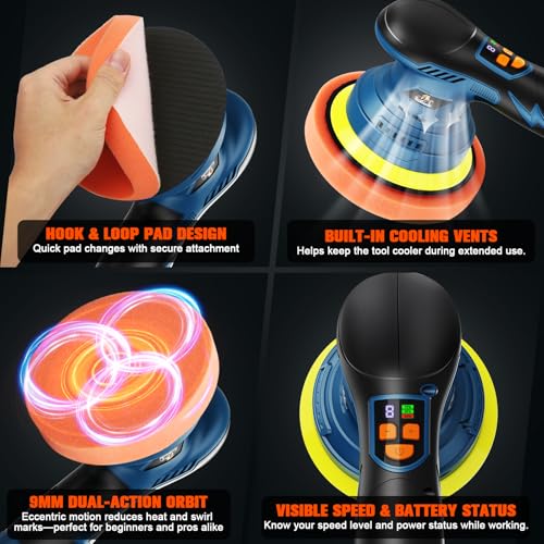 Cordless Car Buffer Polisher, 8-Speed, 2*21V 2000mAh Batteries - color: Blue