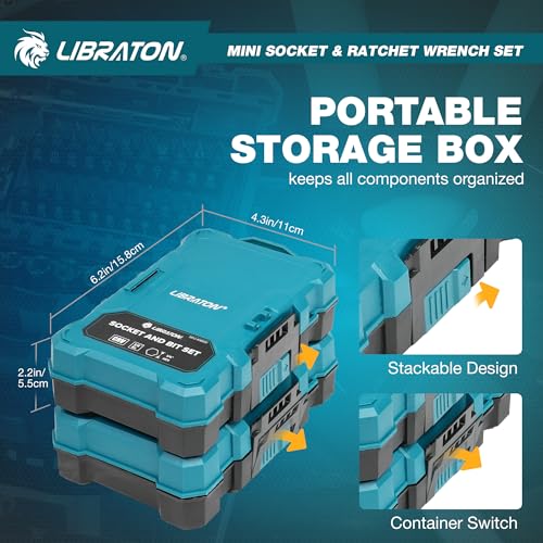 LIBRATON 1/4" Dr Mini Socket & Ratchet Wrench Set with Bits, 4-13mm Socket