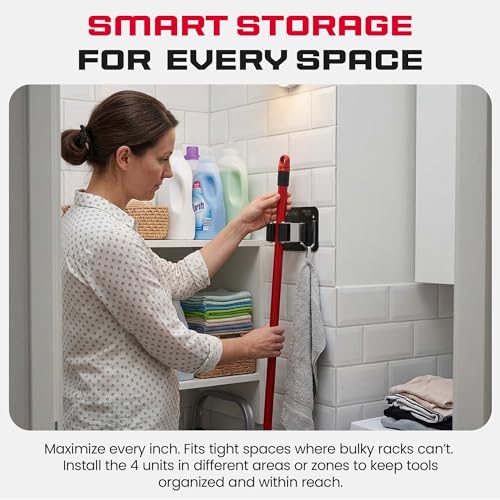 4 Pack Wall Mount Hanger for Brooms & Mops - Heavy Duty Adhesive SUS304 Stainless Steel Broom Holder with 1 Clamp, 1 Hook, & 4 Towel Hangers for Small Nooks & Utility Closet Organization - color: 4 Pack - 1 Clamp