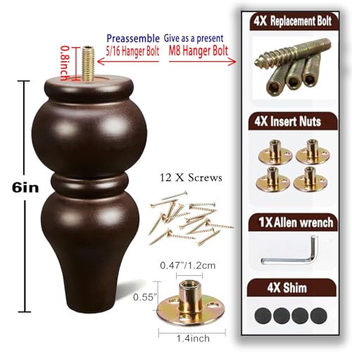SHANJUE 6 Inch Sofa Legs Wood Round Furniture Feet for Dresser Couch, 4PC - size: 6 inch