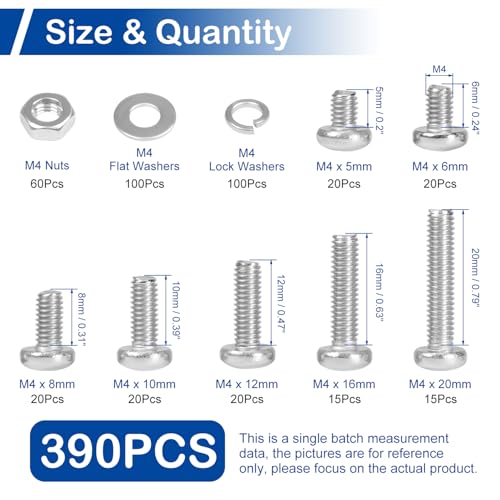 MroMax 390Pcs M4 Phillips Pan Head Machine Screws Kit with Nuts & Washers - size: M4 Assortment Kit