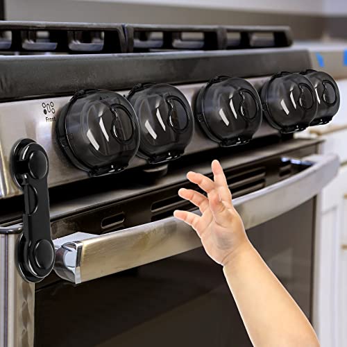 GRENFU Stove Knob Safety Covers (5 + 1 Pack), Oven Lock Child Safety, Black