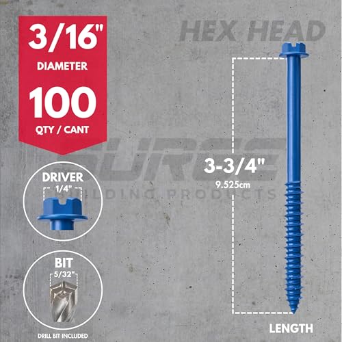 3/16" x 3-3/4" Hex Head Blue Concrete Screws with Drill Bit (Box of 100) - size: 3/16" x 3-3/4"