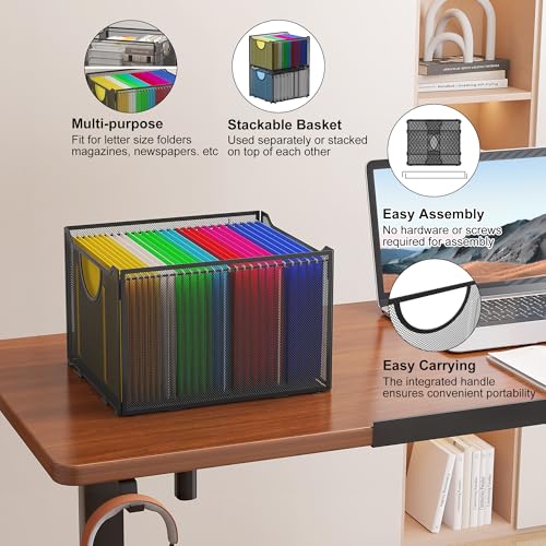 EasyPAG Hanging File Folders Organizer, Black Mesh Filing Crate, Stackable File Folder Storage Box, Desktop Document Holder for Letter Size Papers