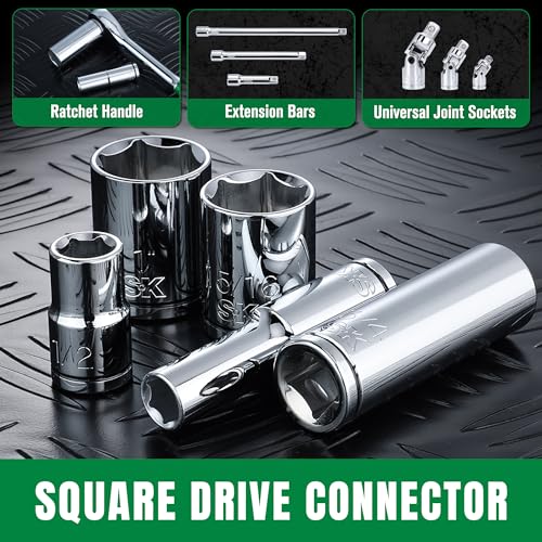 SK 1/2" Drive Socket Set, Deep SAE Sockets, 11-Piece 7/16" to 1-1/16" - size: Deep, style: SAE