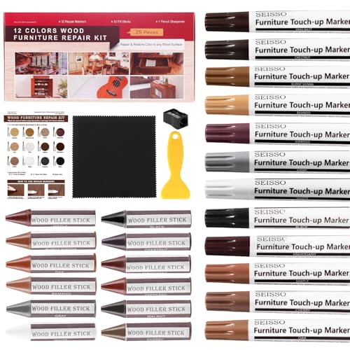 NEW Upgraded Furniture Repair Kit Wood Markers-Set of 24-Markers and Wax Sticks with Sharpener and black cloth Kit, Restore Nail Holes on Wood Furniture, Wood Marker Pens for Scratches, Molding Repair - size: 24-Markers and Wax Sticks